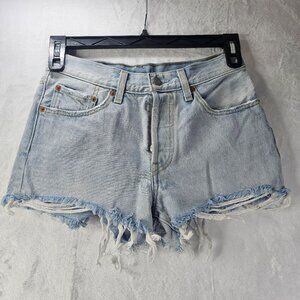 Levi's 501 Women Shorts Denim Light Blue Distress Size 26W Button Fly Cotton